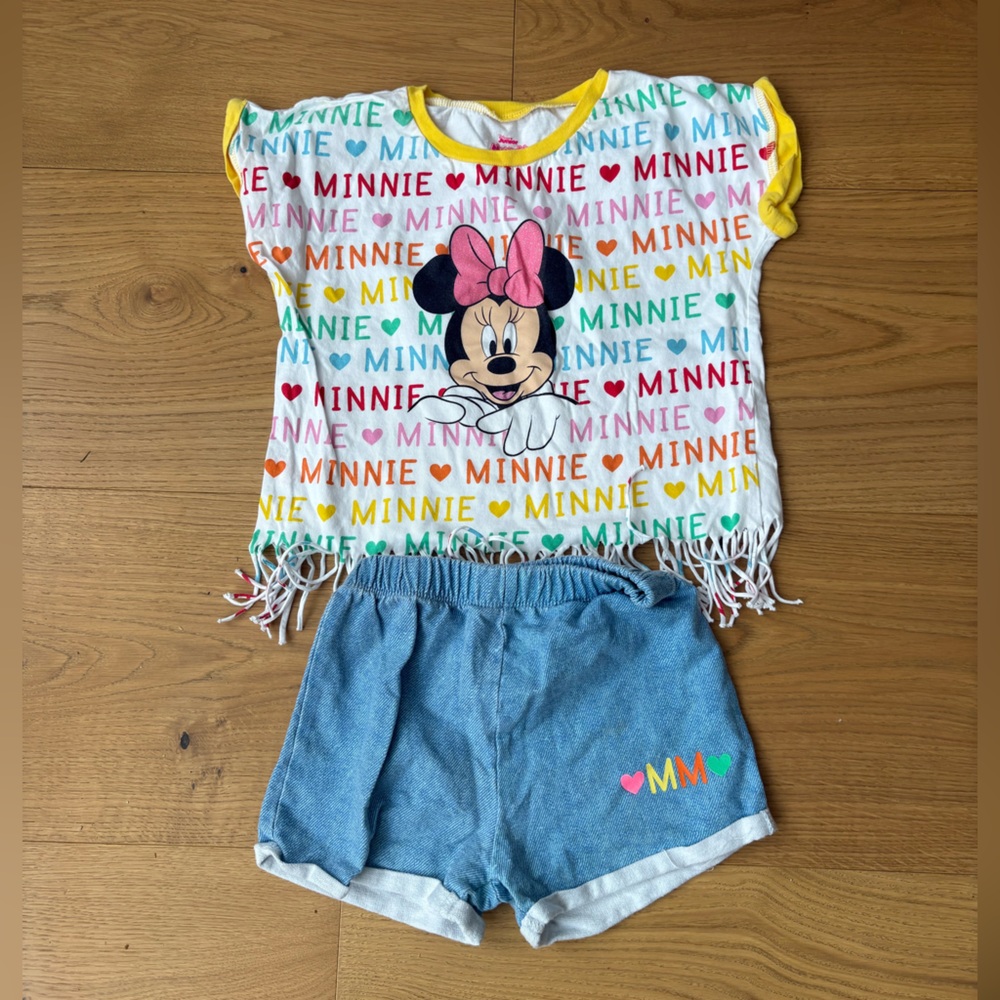Disney White Rainbow Minnie Fringe Tank with Blue Shorts